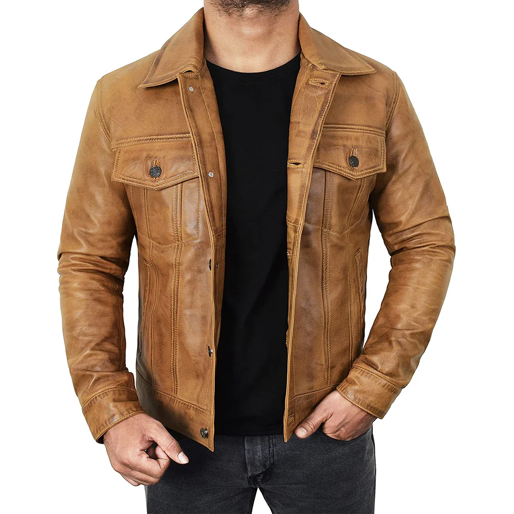 men's camel brown trucker leather jacket