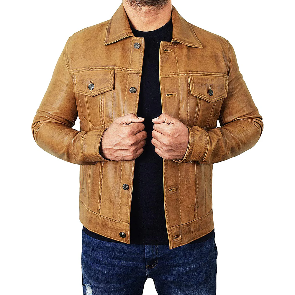 men's camel brown trucker leather jacket