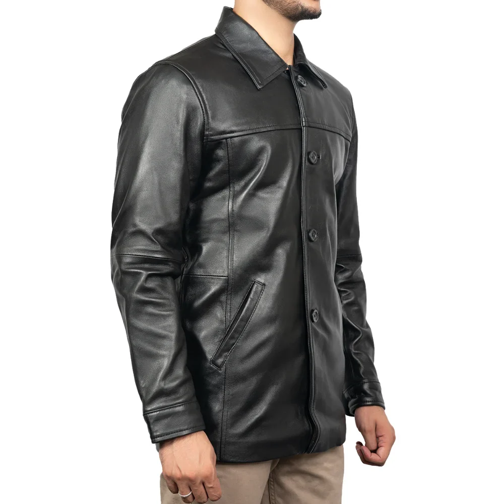 victor black mens 3/4 length lambskin leather car coat