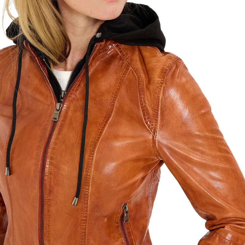 women's cognac leather motorcycle jacket with black removable hood