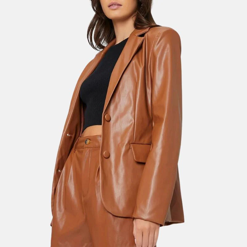 womens cognac brown leather oversized blazer