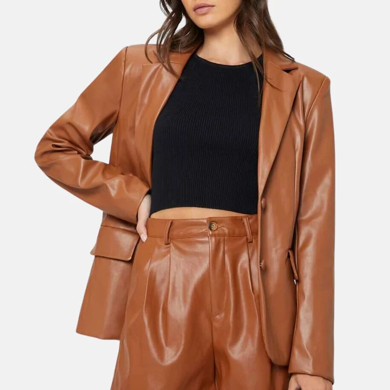 womens cognac brown leather oversized blazer