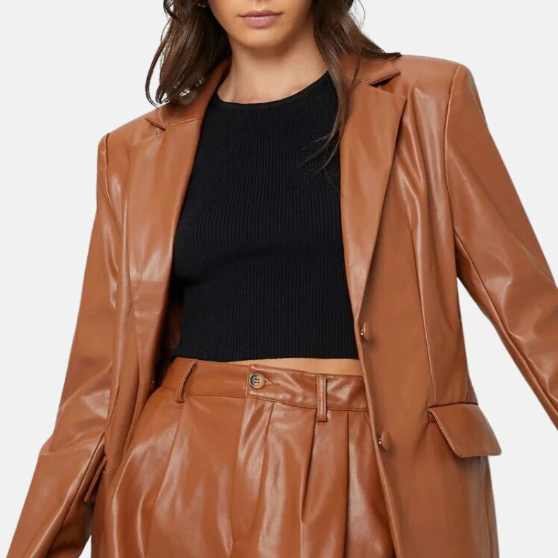womens cognac brown leather oversized blazer
