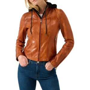 women's cognac leather motorcycle jacket with black removable hood