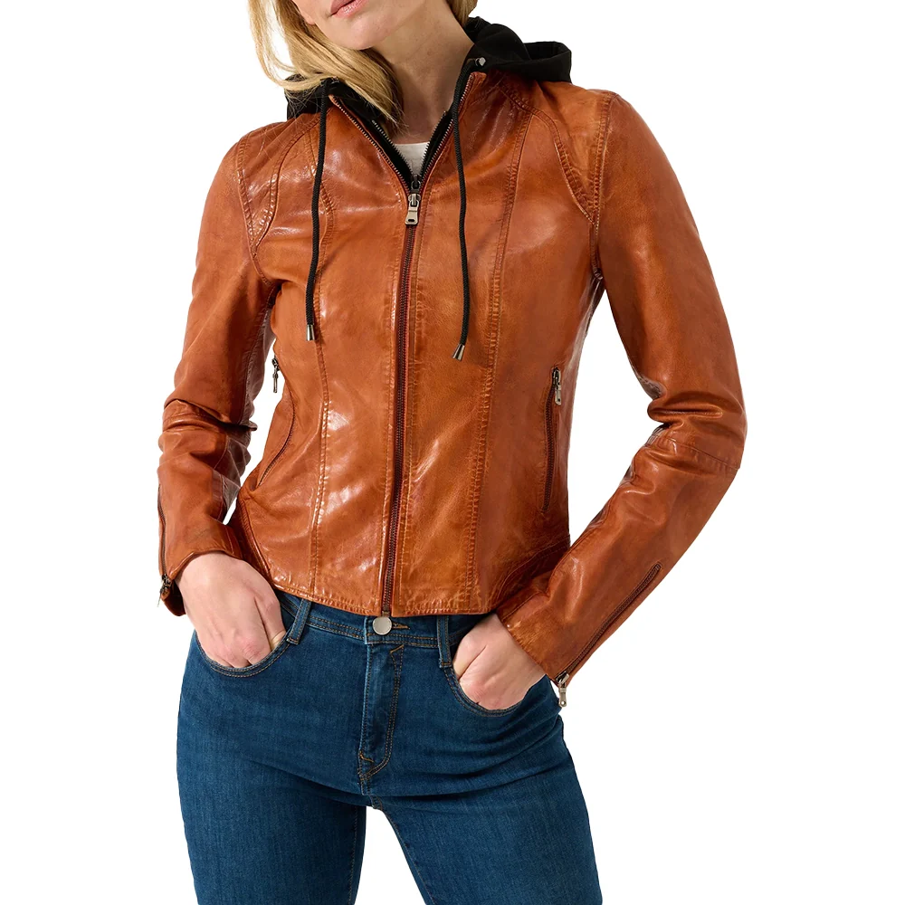 women's cognac leather motorcycle jacket with black removable hood