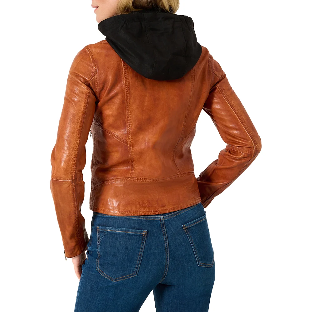 women's cognac leather motorcycle jacket with black removable hood