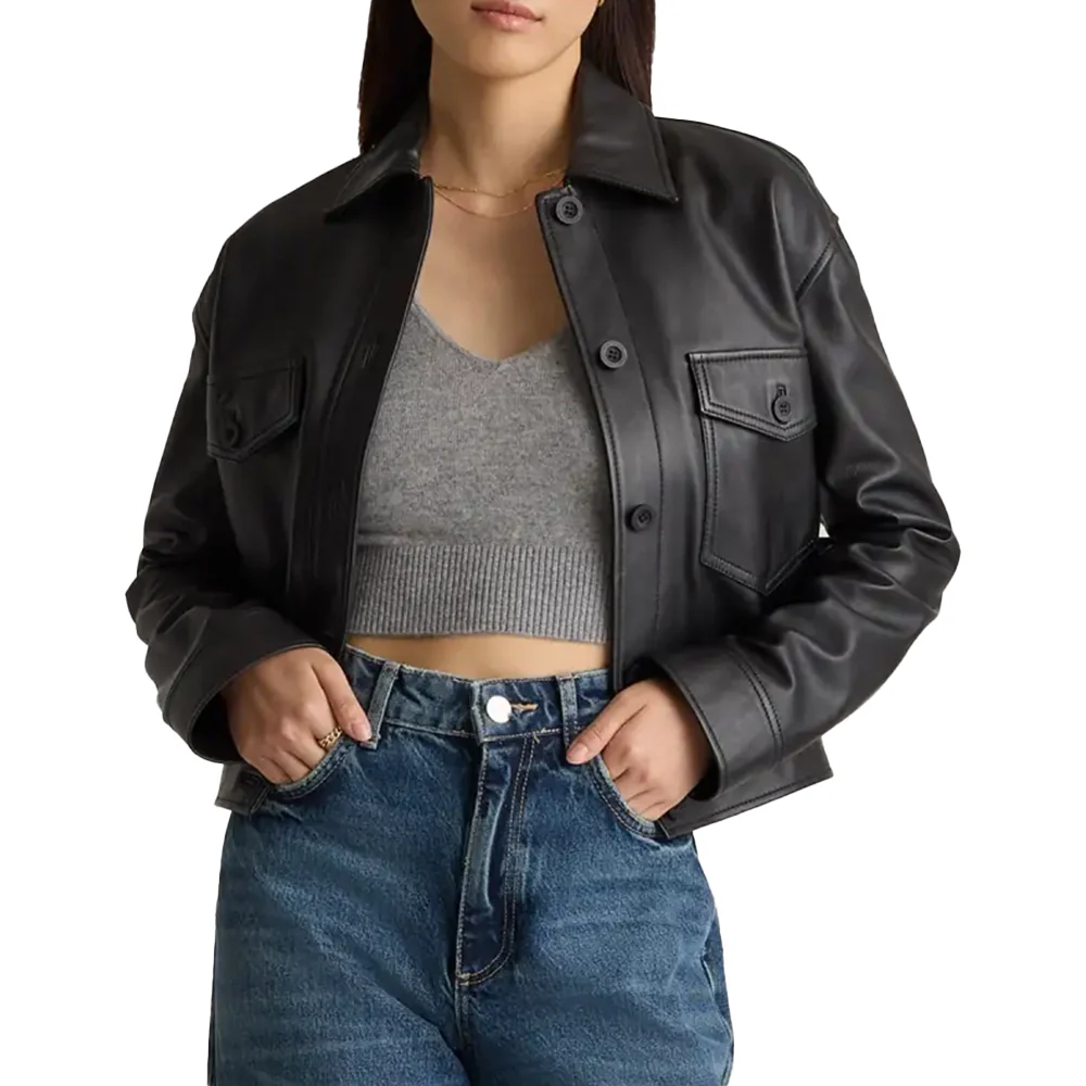 womens cropped black leather trucker jacket