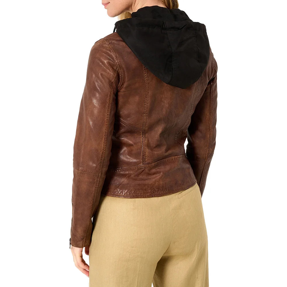 dark brown leather hooded jacket womens