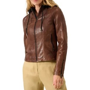 dark brown leather hooded jacket womens