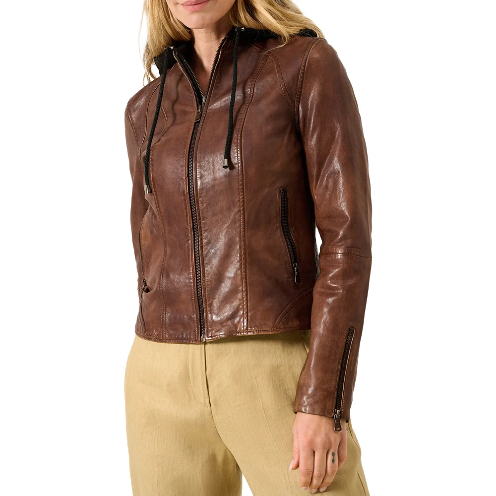 dark brown leather hooded jacket womens