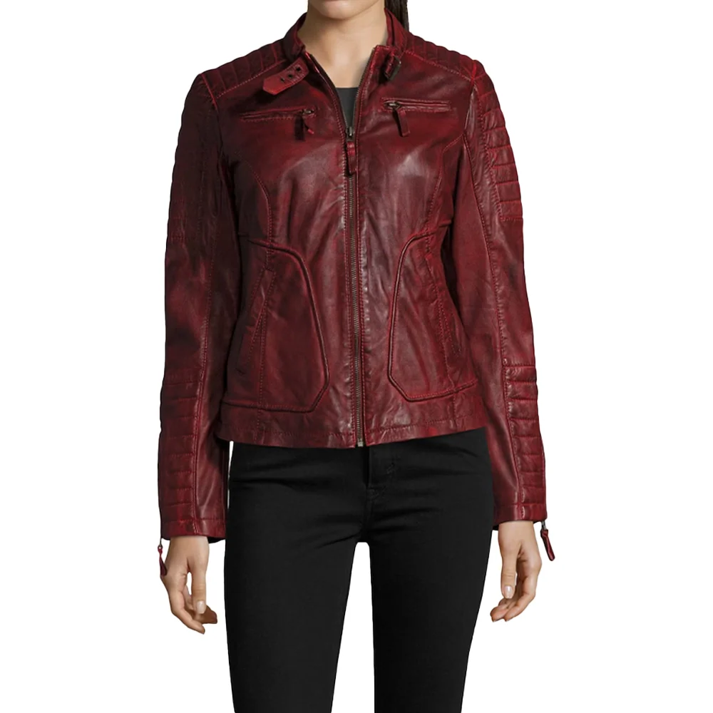 womens biker dark red leather jacket