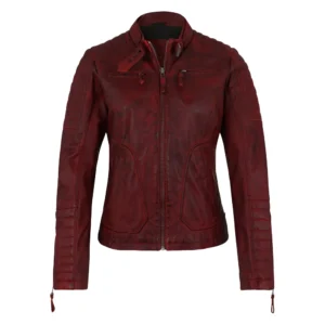 womens biker dark red leather jacket