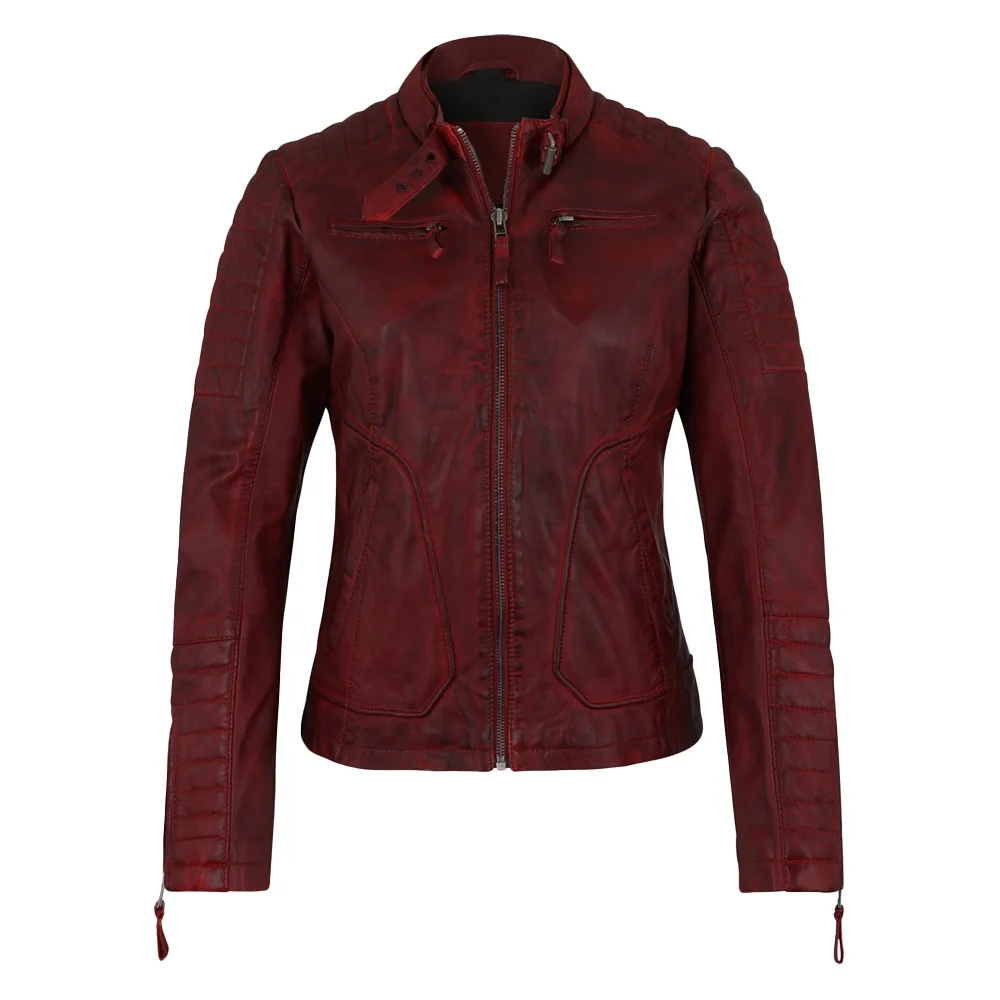womens biker dark red leather jacket
