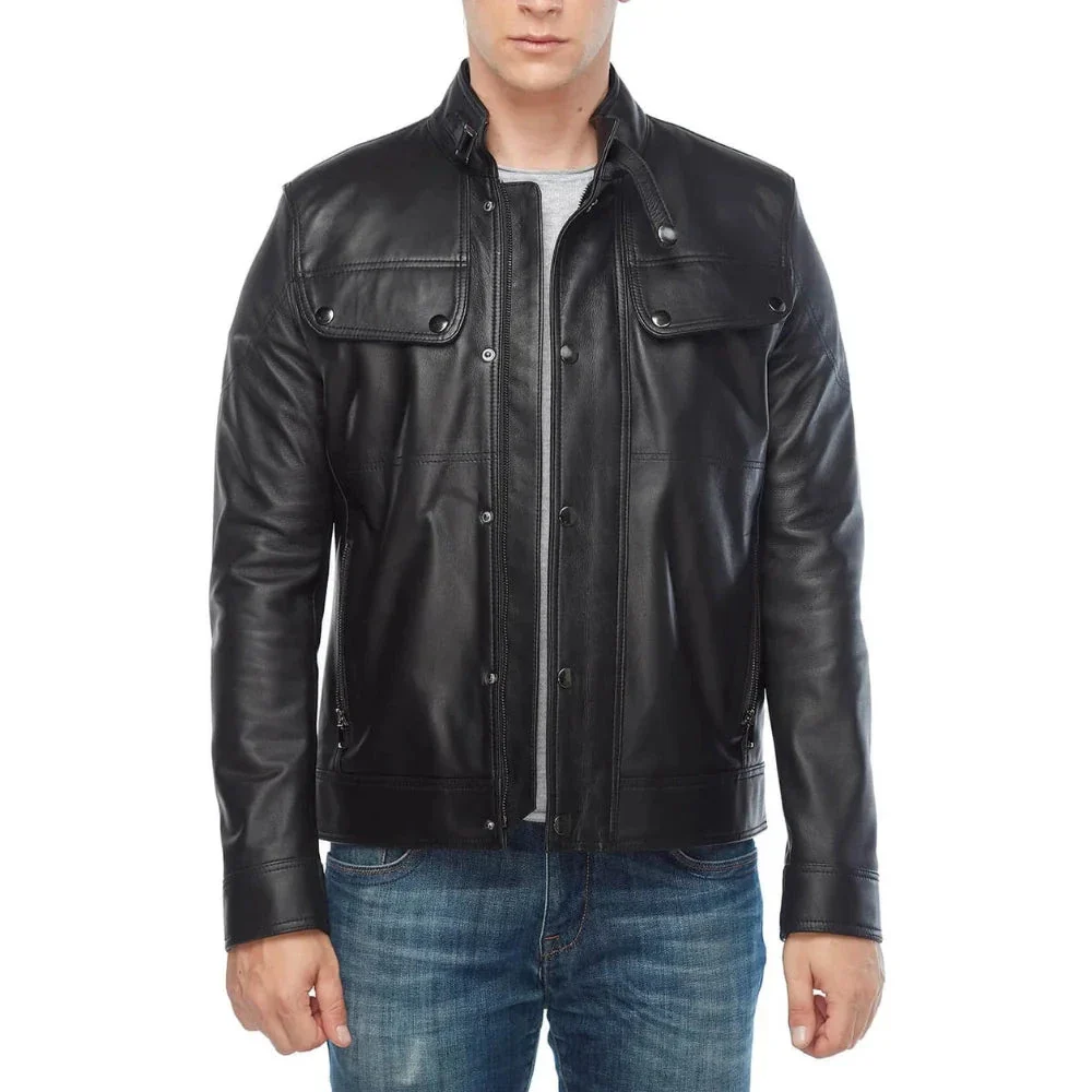 real lambskin regular fit black leather jackets for men