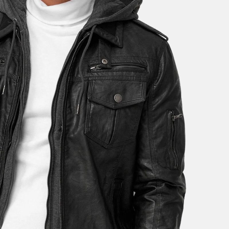 mens black bomber leather jacket with removable hood
