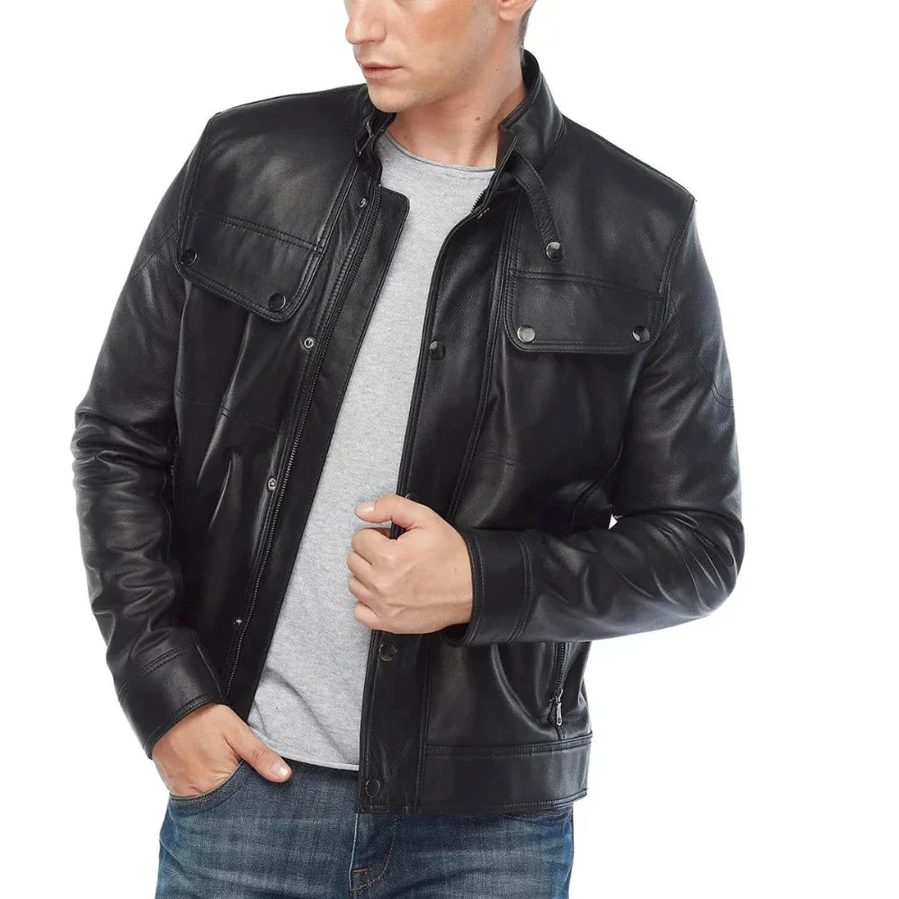 real lambskin regular fit black leather jackets for men