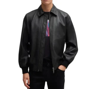 men's lamsbkin black relaxed fit black bomber jacket
