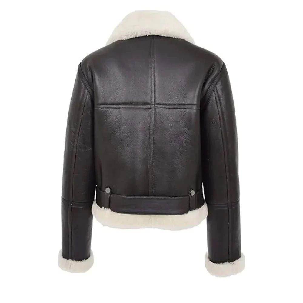 womens sheepskin b3 belted black leather shearling jacket aviator