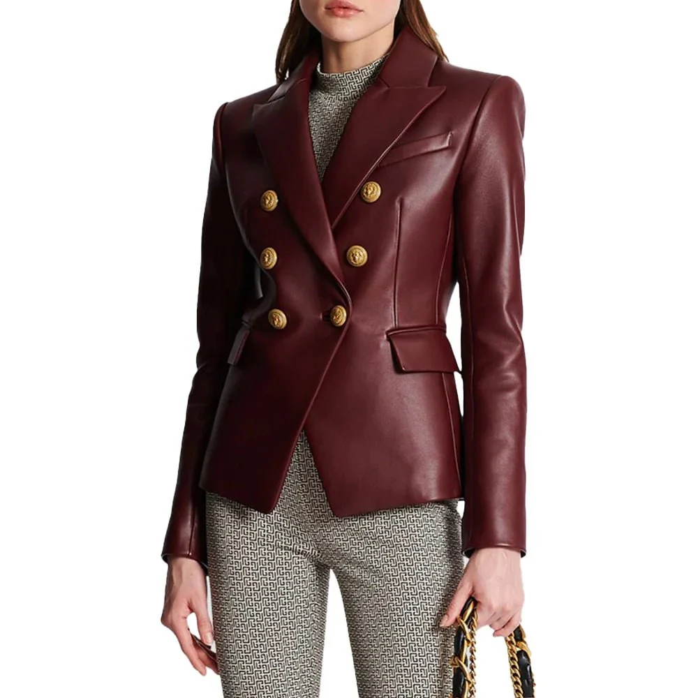 kim double breasted red leather blazer womens