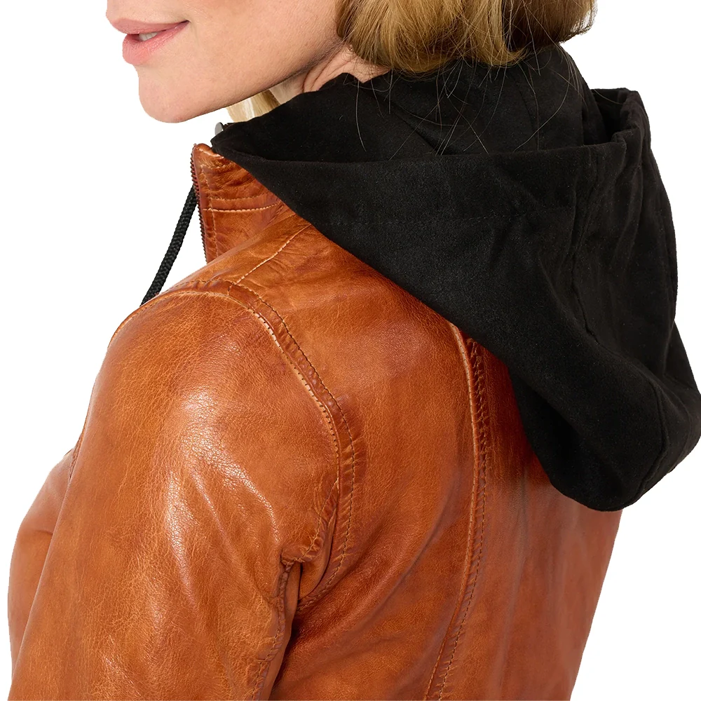 women's cognac leather motorcycle jacket with black removable hood