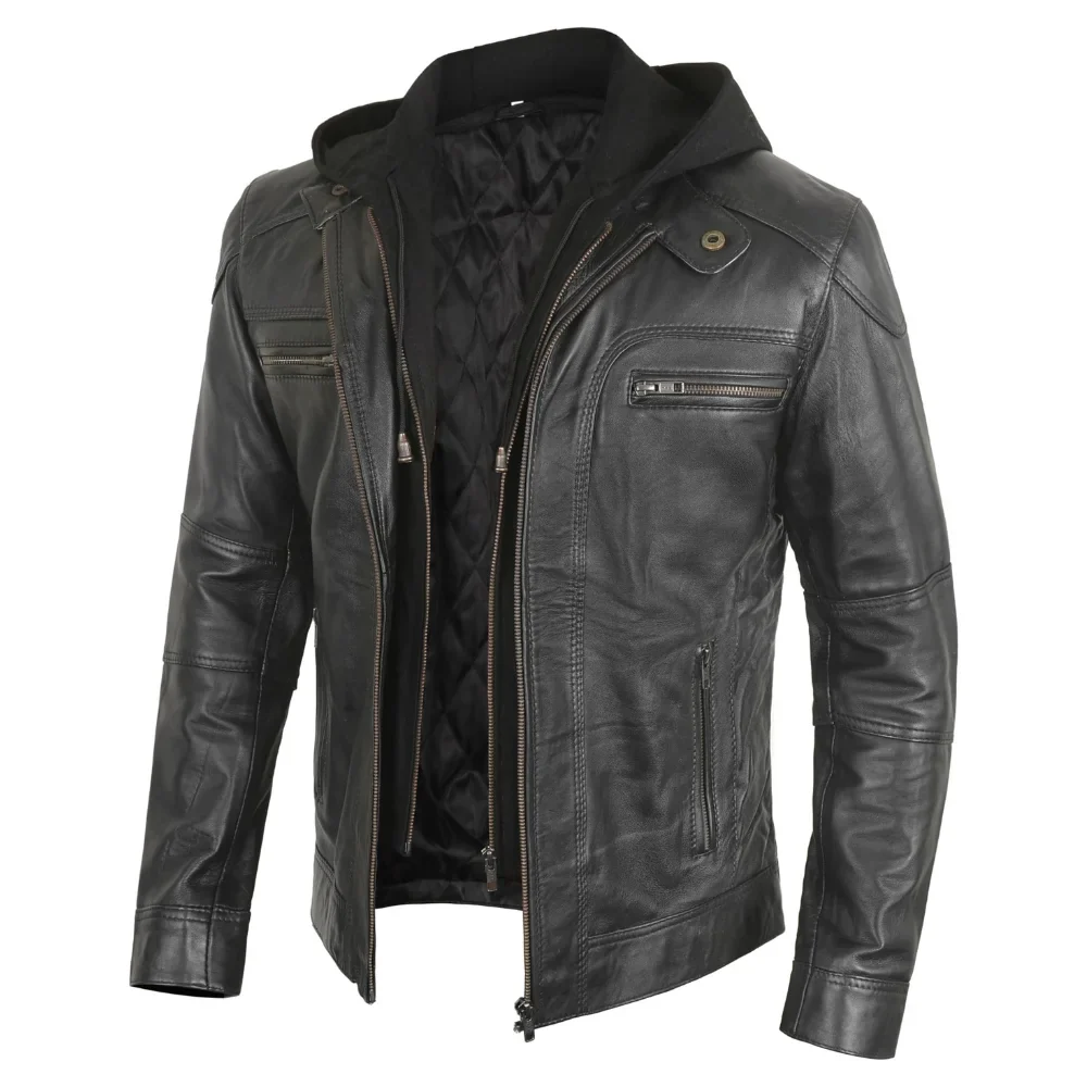 mens black hooded bker leather jacket with removable hood