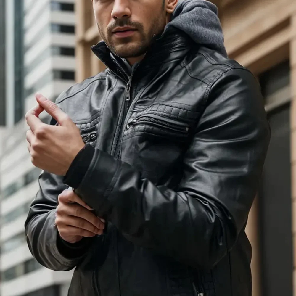 men's distressed black leather jacket with removable hood