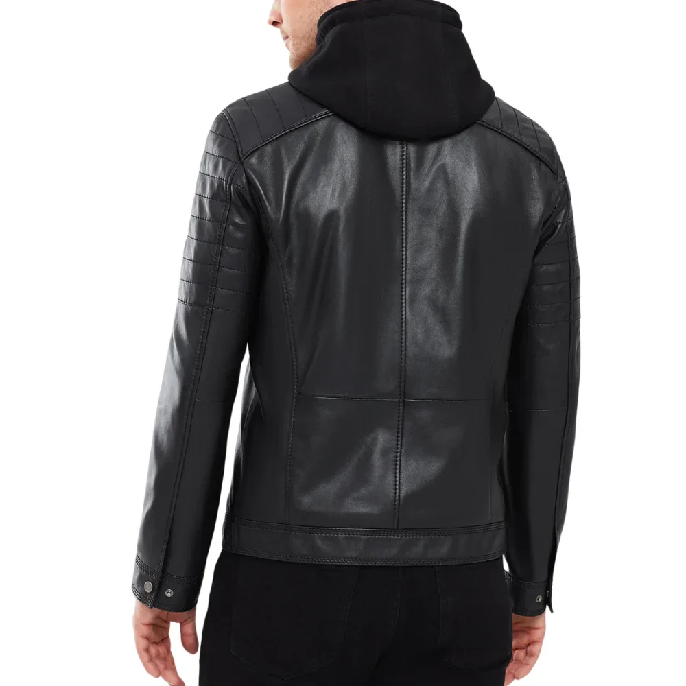 mens black leather moto jacket with removable hood