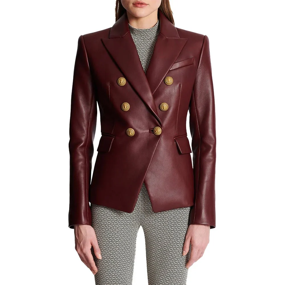 kim double breasted red leather blazer womens