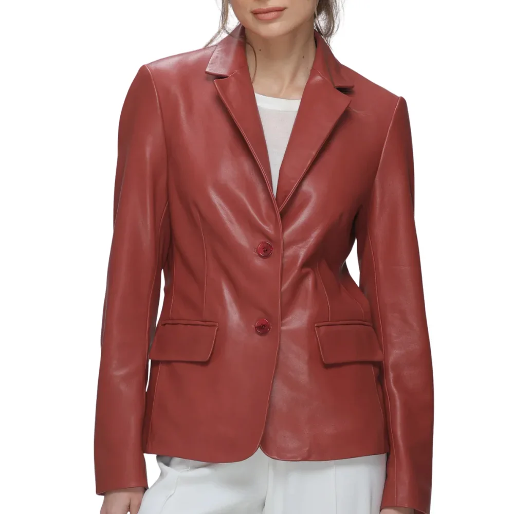 modern notch lapel red leather blazer ladies