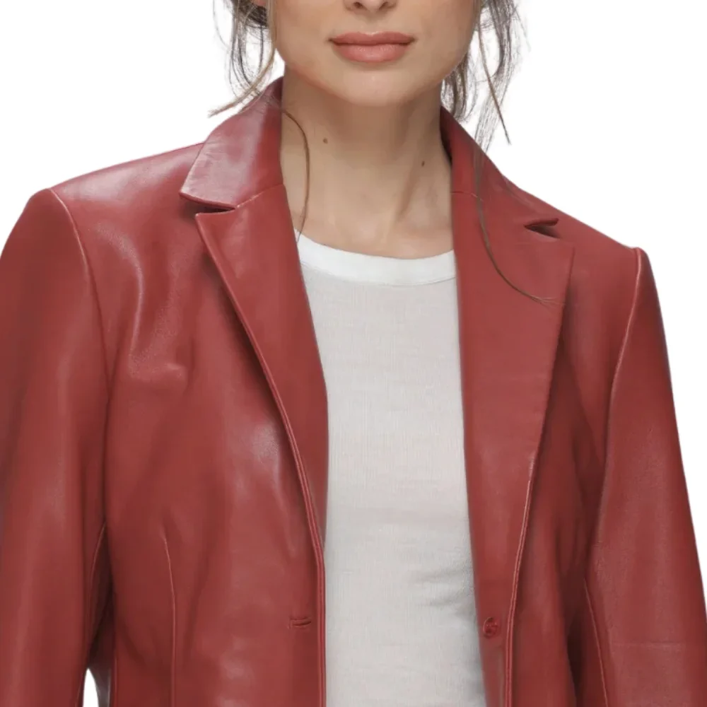 modern notch lapel red leather blazer ladies