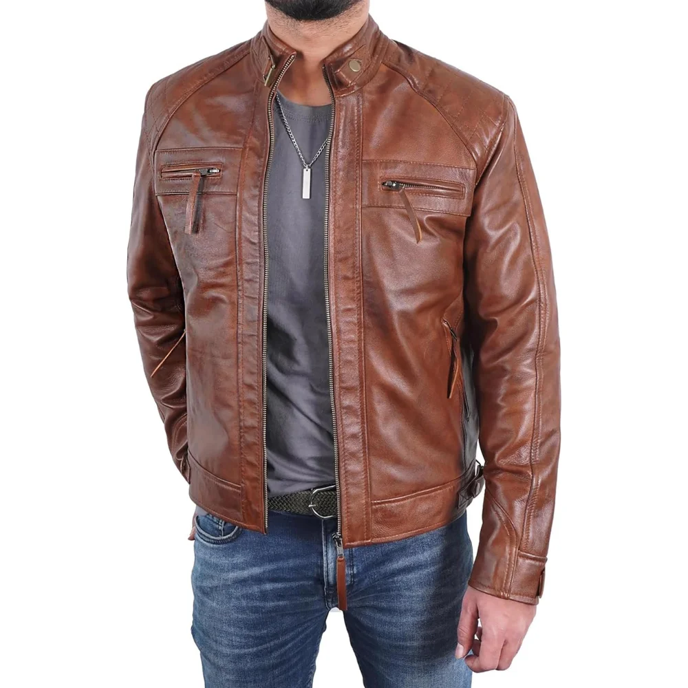 men's quilted shoulders café racer cognac leather jacket