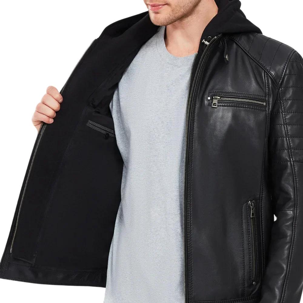 mens black leather moto jacket with removable hood