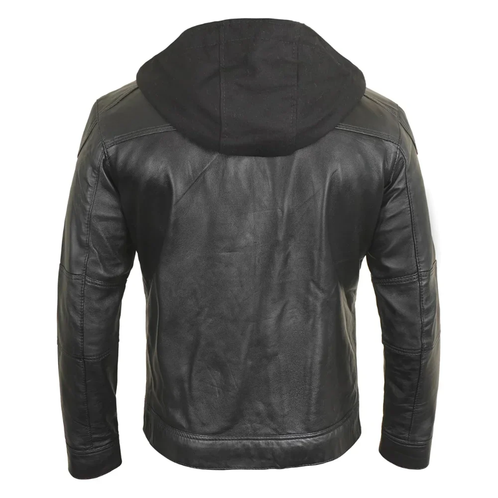 mens black hooded bker leather jacket with removable hood