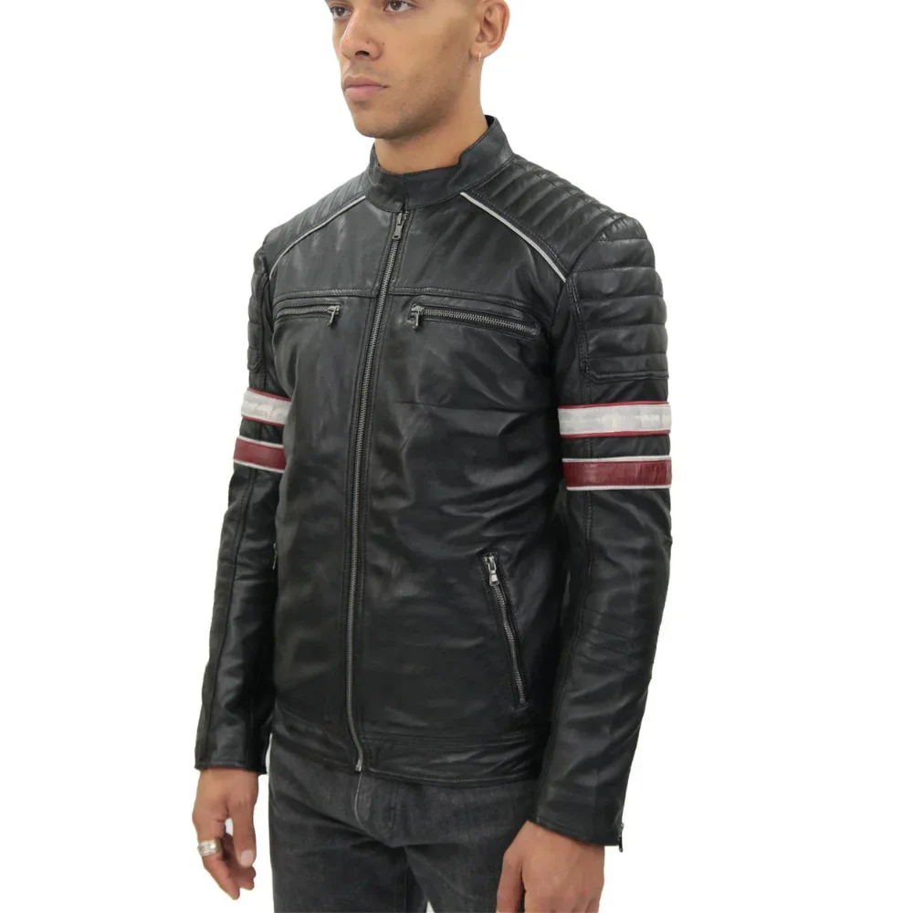 madrid mens black and red quilted leather racing jacket