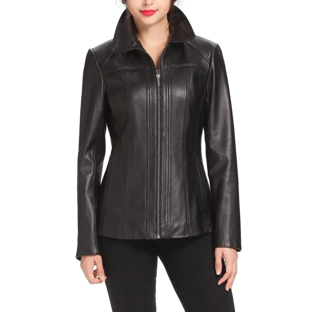 womens three quarter black long leather coat