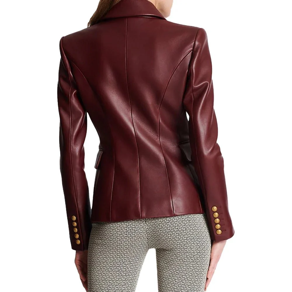 kim double breasted red leather blazer womens