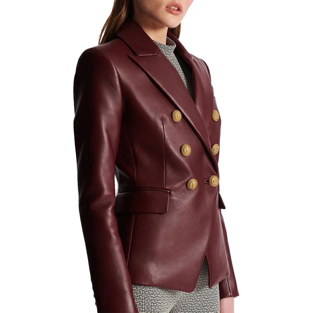 kim double breasted red leather blazer womens
