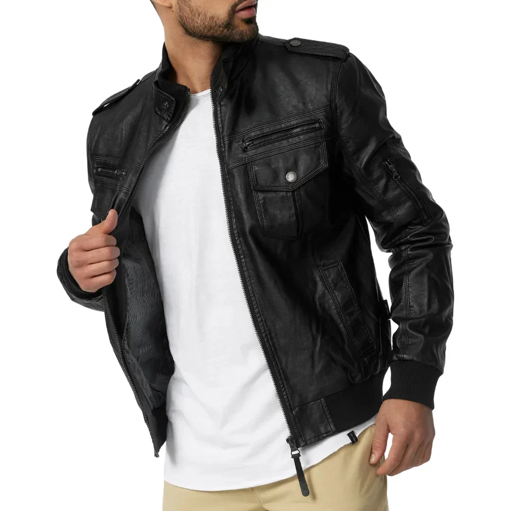 men's versatile black trucker leather bomber jacket