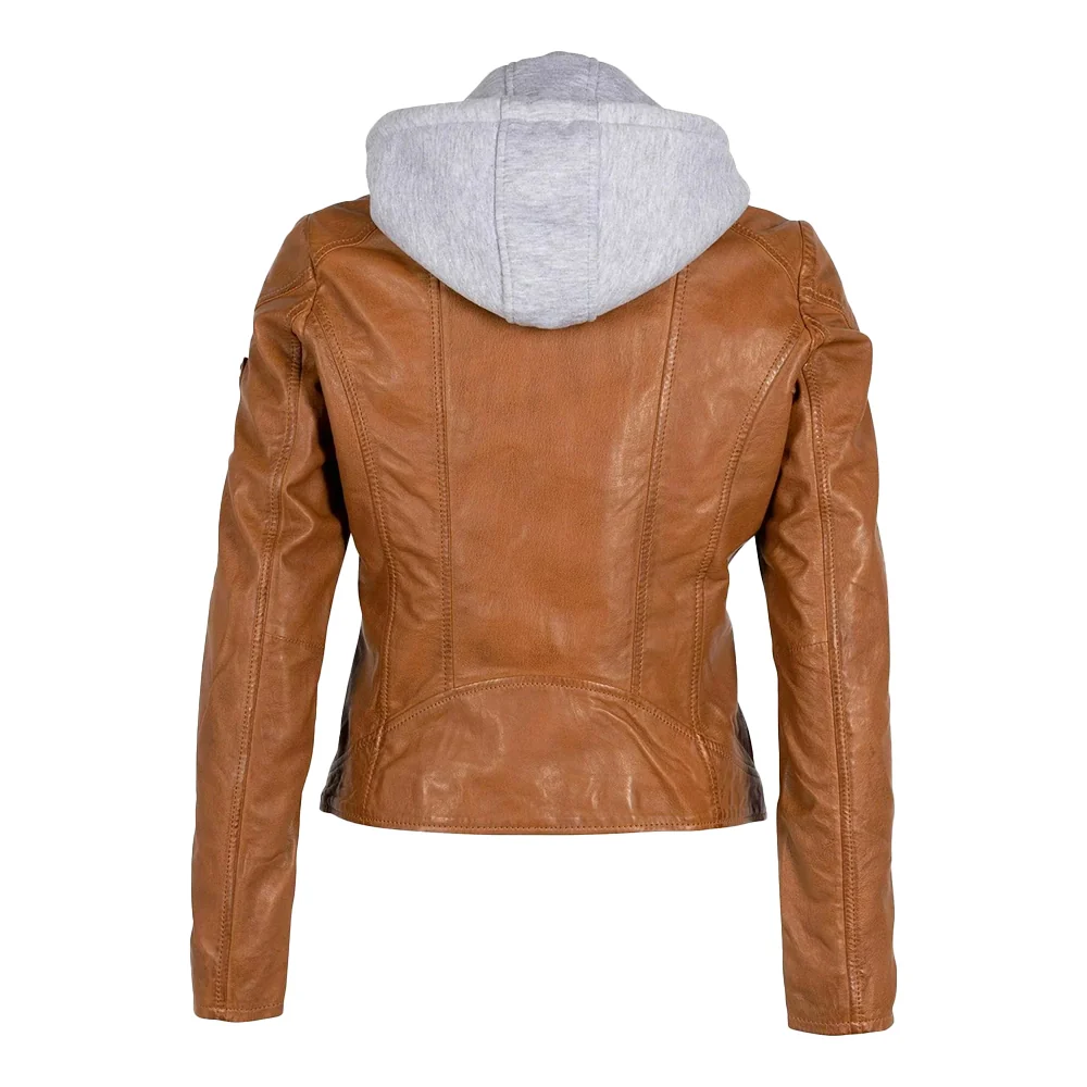 womens cognac brown leather motorcycle jacket with removable hood