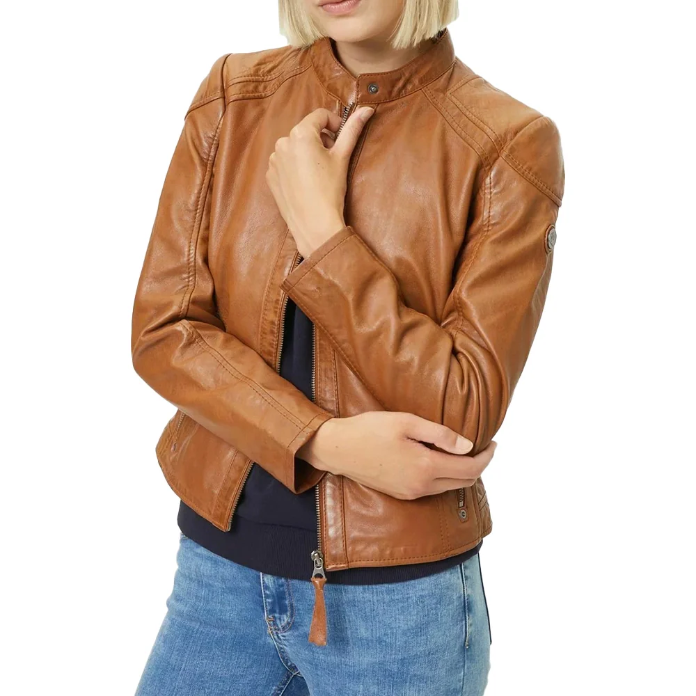 womens cognac brown leather motorcycle jacket with removable hood