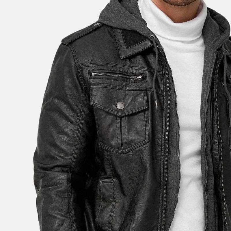 mens black bomber leather jacket with removable hood