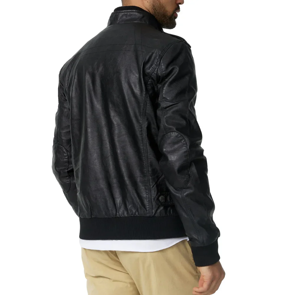men's versatile black trucker leather bomber jacket