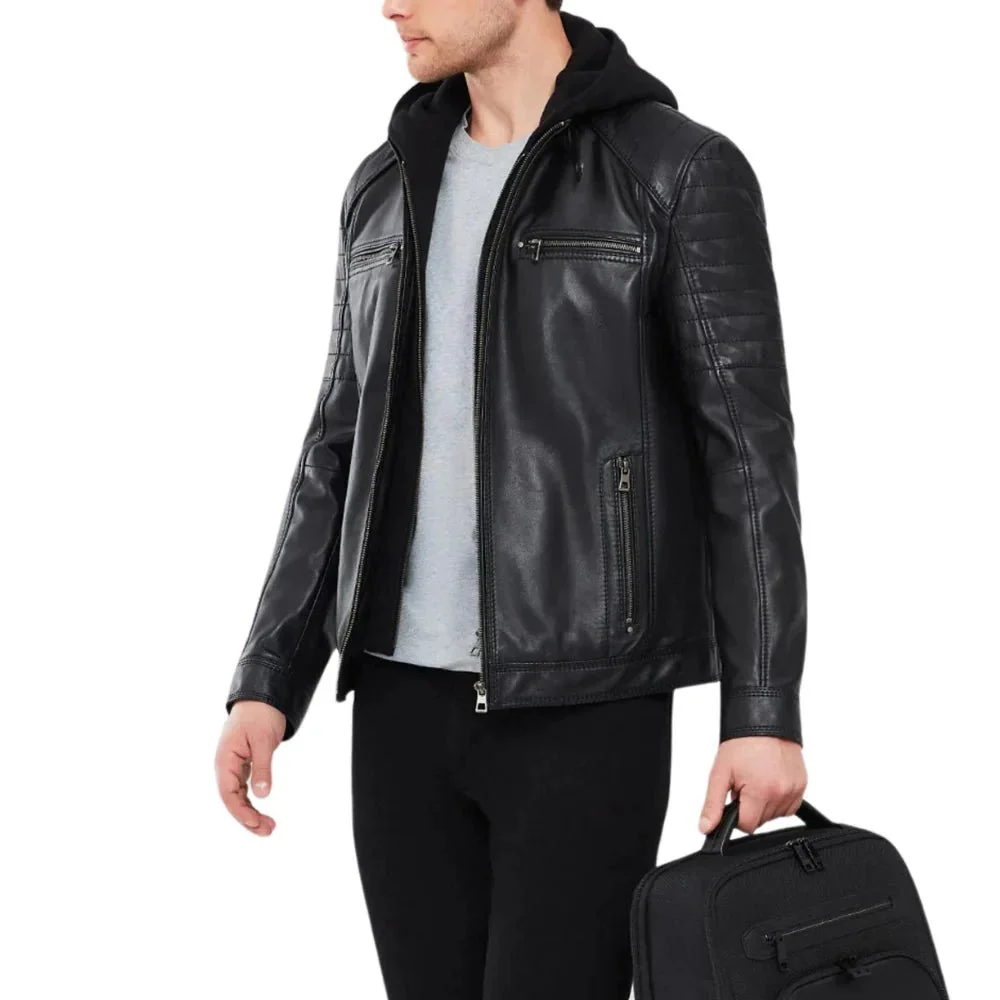 mens black leather moto jacket with removable hood