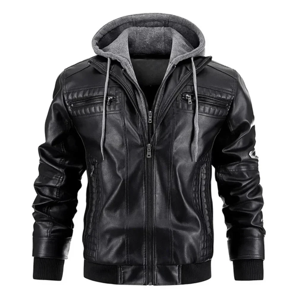 men's distressed black leather jacket with removable hood