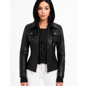 emmy black leather bomber jacket women with removable hood