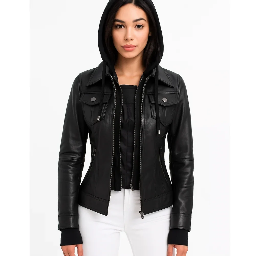 emmy black leather bomber jacket women with removable hood