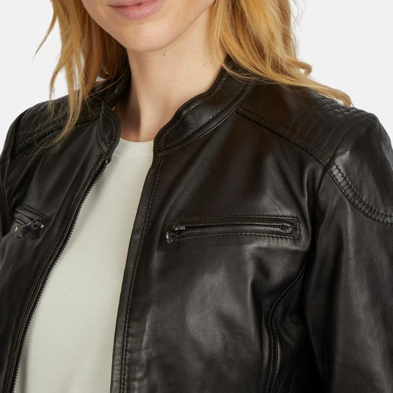 womens black stand up collar leather moto jacket