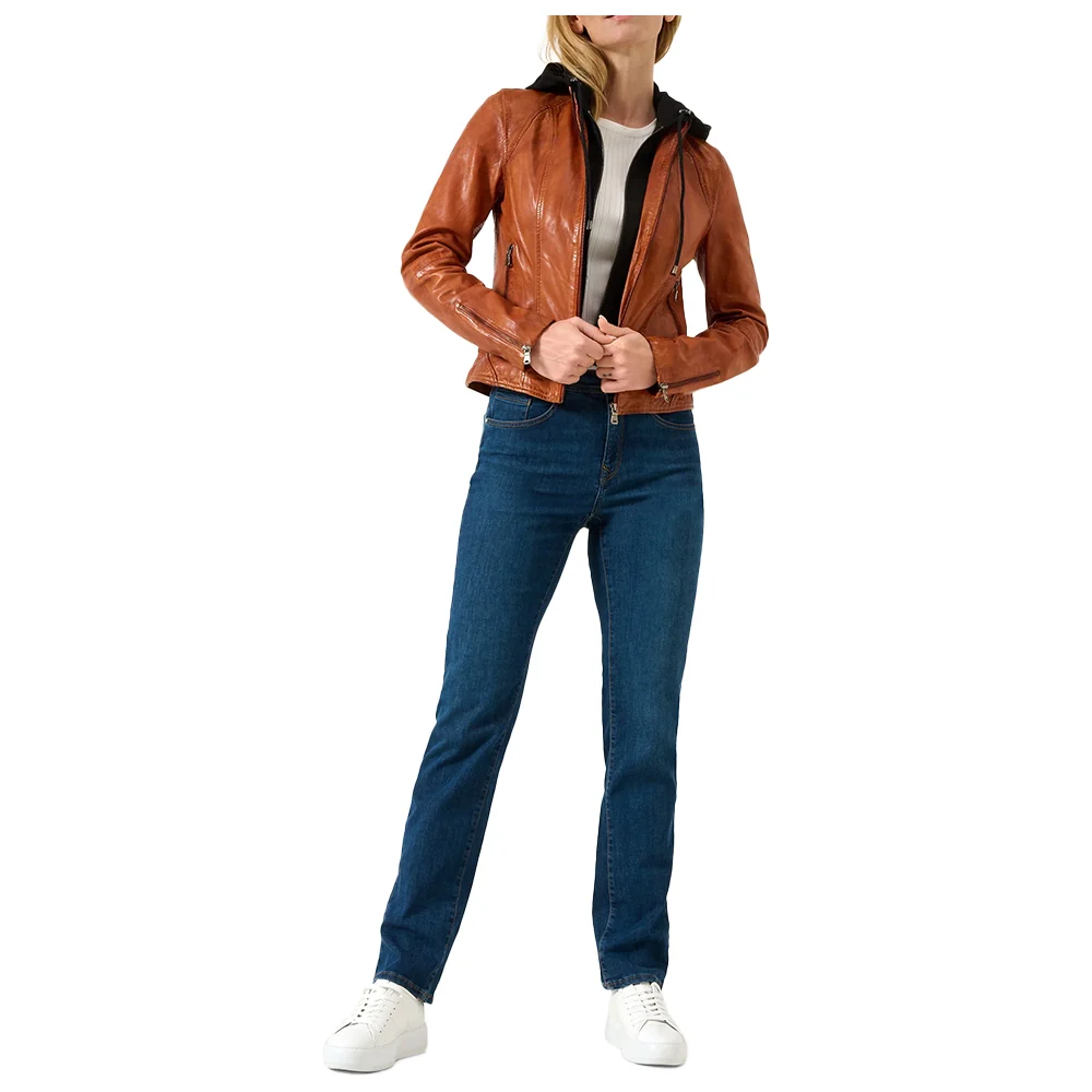 women's cognac leather motorcycle jacket with black removable hood