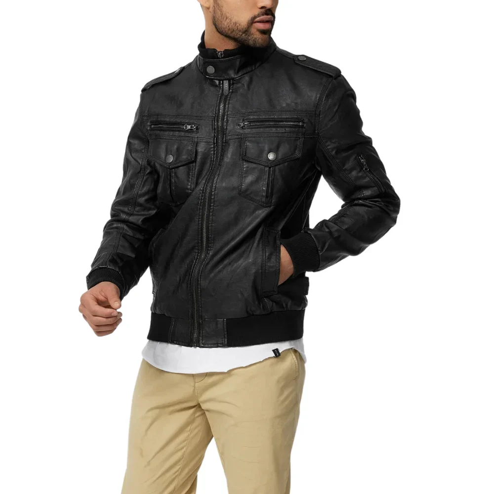 men's versatile black trucker leather bomber jacket