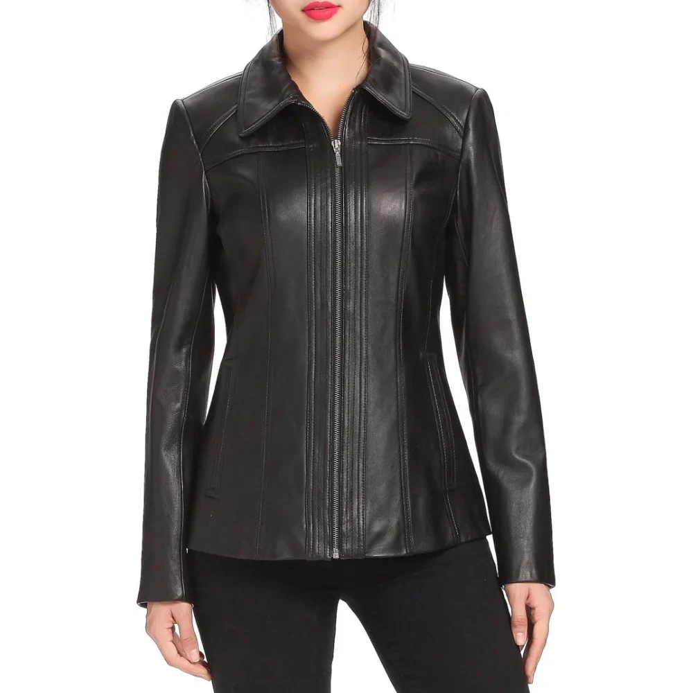 womens three quarter black long leather coat